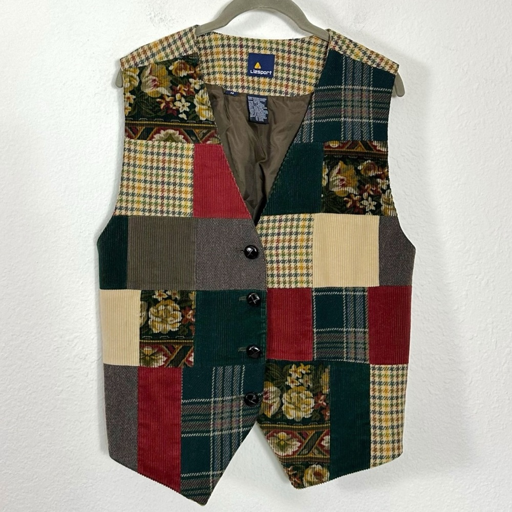 Vintage 90s Liz Claiborne Dark Academia Wool Floral Plaid Patchwork Vest Size 14
